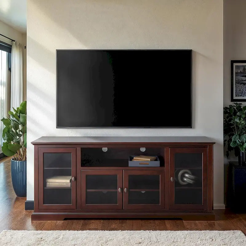 70-Inch Highboy TV Stand with Glass Doors & Cable Management, Espresso Finish, Fits TVs up to 80"