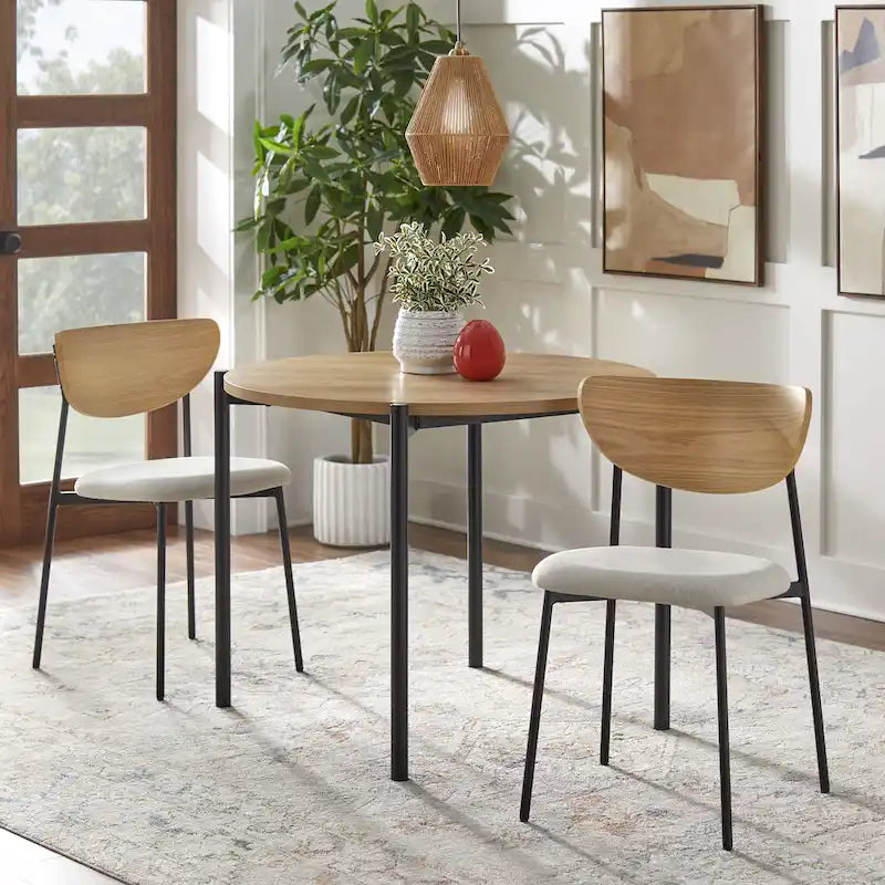 3-Piece Modern Round Dining Set – 37-Inch Two-Tone Table with Upholstered Chairs, Light Oak