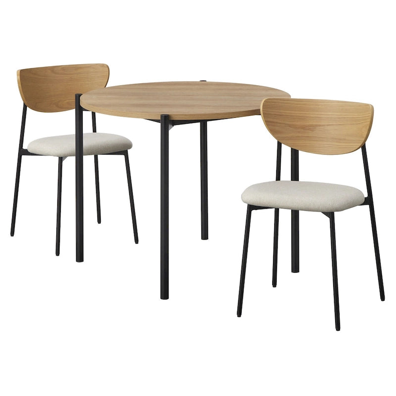 3-Piece Modern Round Dining Set – 37-Inch Two-Tone Table with Upholstered Chairs, Light Oak