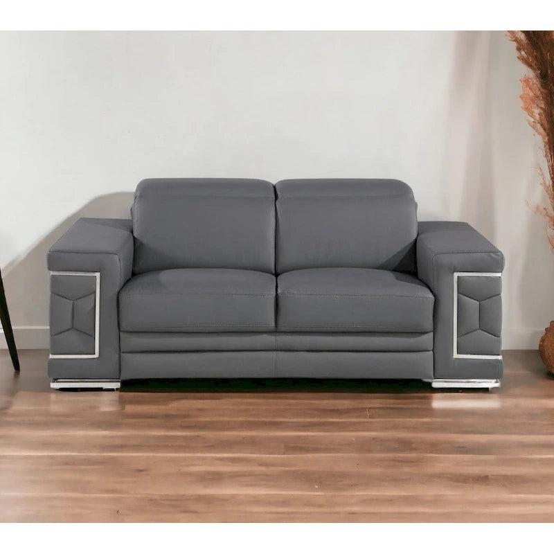71" Gray & Silver Genuine Leather Loveseat, Modern 2-Seat Sofa with Cushioned Seating