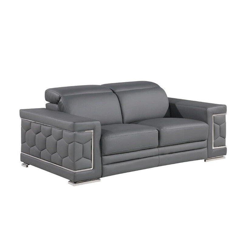 71" Gray & Silver Genuine Leather Loveseat, Modern 2-Seat Sofa with Cushioned Seating
