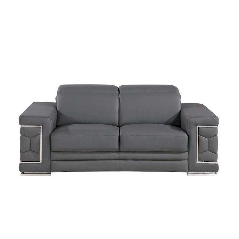 71" Gray & Silver Genuine Leather Loveseat, Modern 2-Seat Sofa with Cushioned Seating