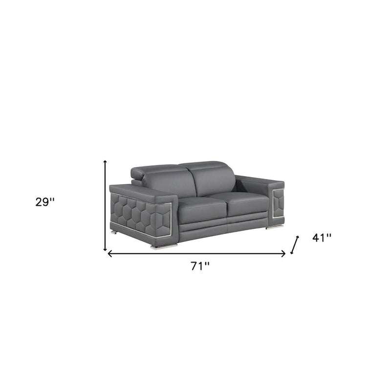 71" Gray & Silver Genuine Leather Loveseat, Modern 2-Seat Sofa with Cushioned Seating