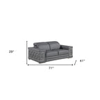 71" Gray & Silver Genuine Leather Loveseat, Modern 2-Seat Sofa with Cushioned Seating