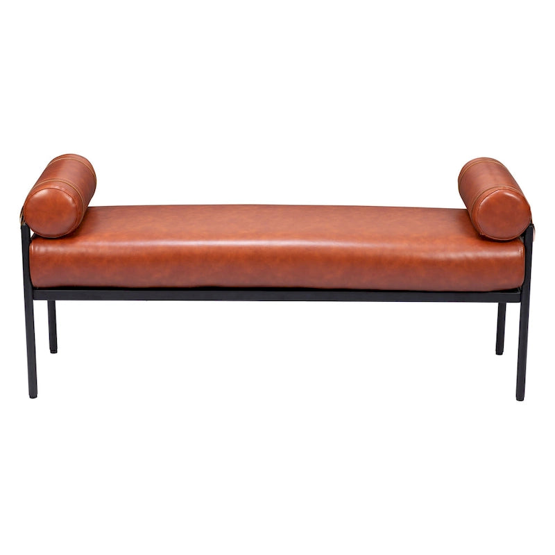 56-Inch Faux Leather Upholstered Bench with Steel Legs – Modern Minimalist, Cognac Brown