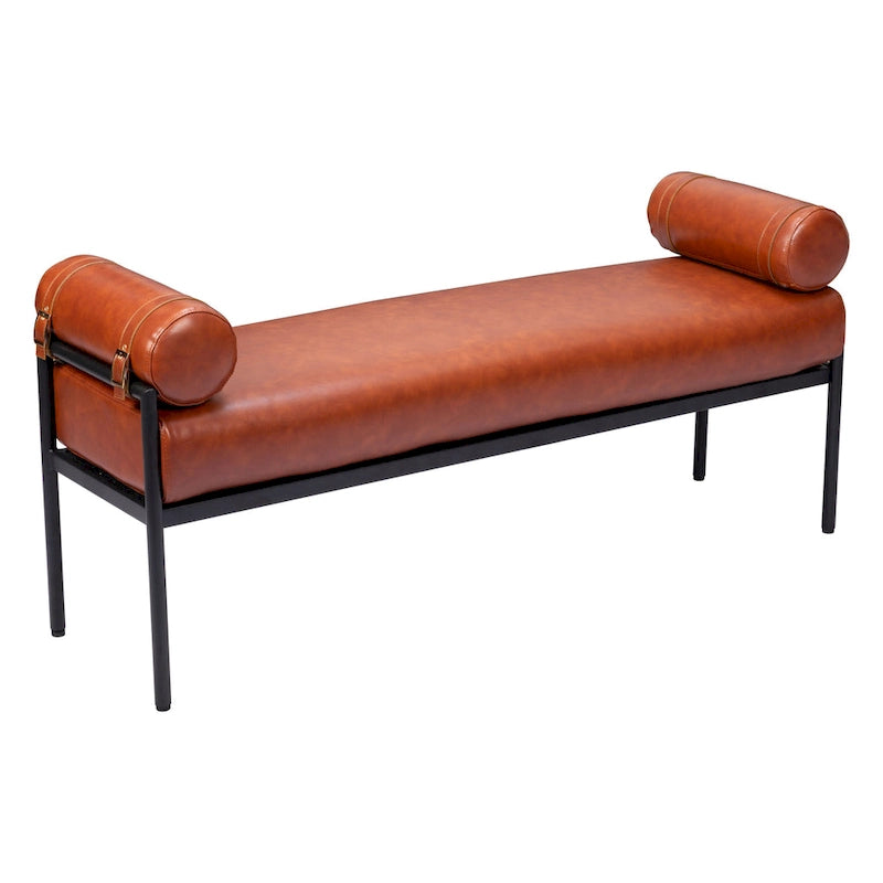 56-Inch Faux Leather Upholstered Bench with Steel Legs – Modern Minimalist, Cognac Brown
