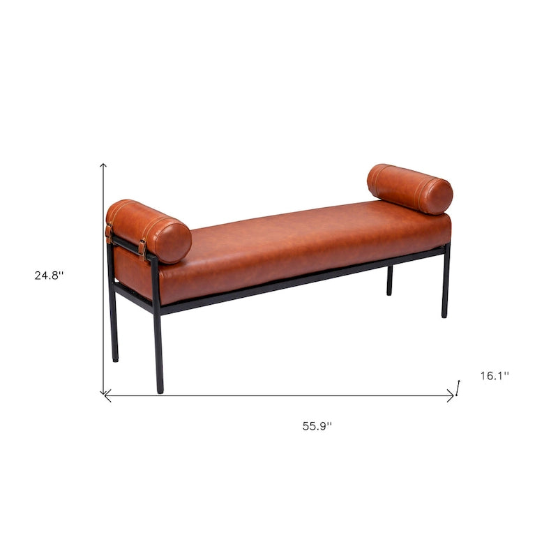 56-Inch Faux Leather Upholstered Bench with Steel Legs – Modern Minimalist, Cognac Brown