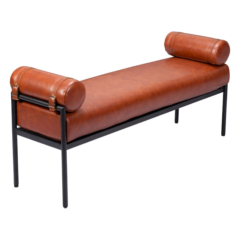 56-Inch Faux Leather Upholstered Bench with Steel Legs – Modern Minimalist, Cognac Brown