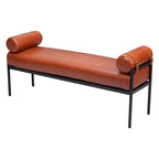 56-Inch Faux Leather Upholstered Bench with Steel Legs – Modern Minimalist, Cognac Brown
