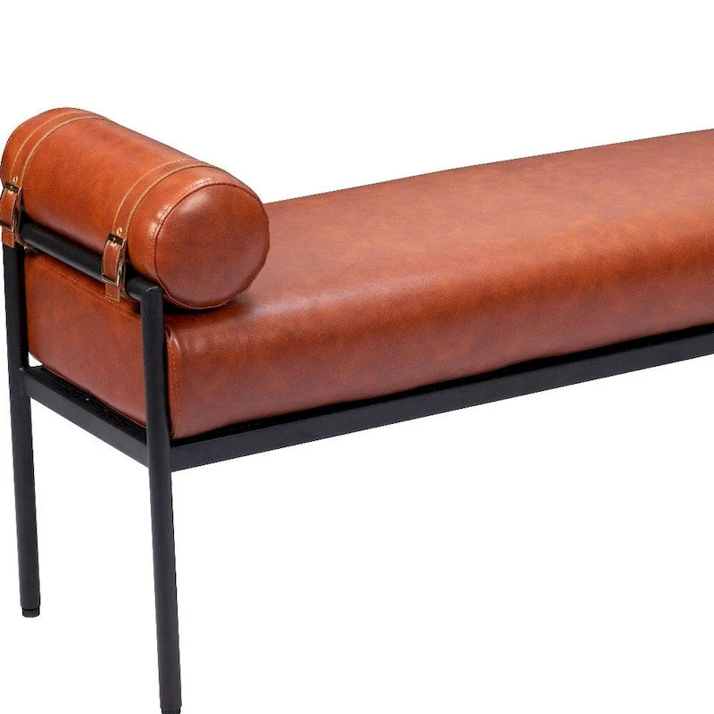 56-Inch Faux Leather Upholstered Bench with Steel Legs – Modern Minimalist, Cognac Brown