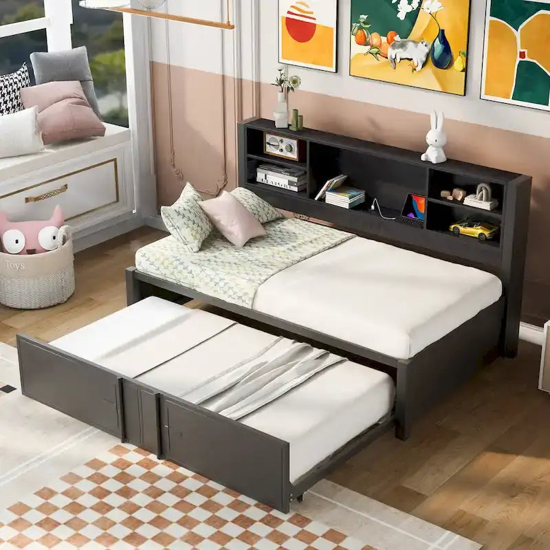 Twin Size Metal Upholstered Daybed w/ Twin Size Trundle Bunk Bed Frame & USB Ports & Storage Shelves Space-Saving, Easy Assembly