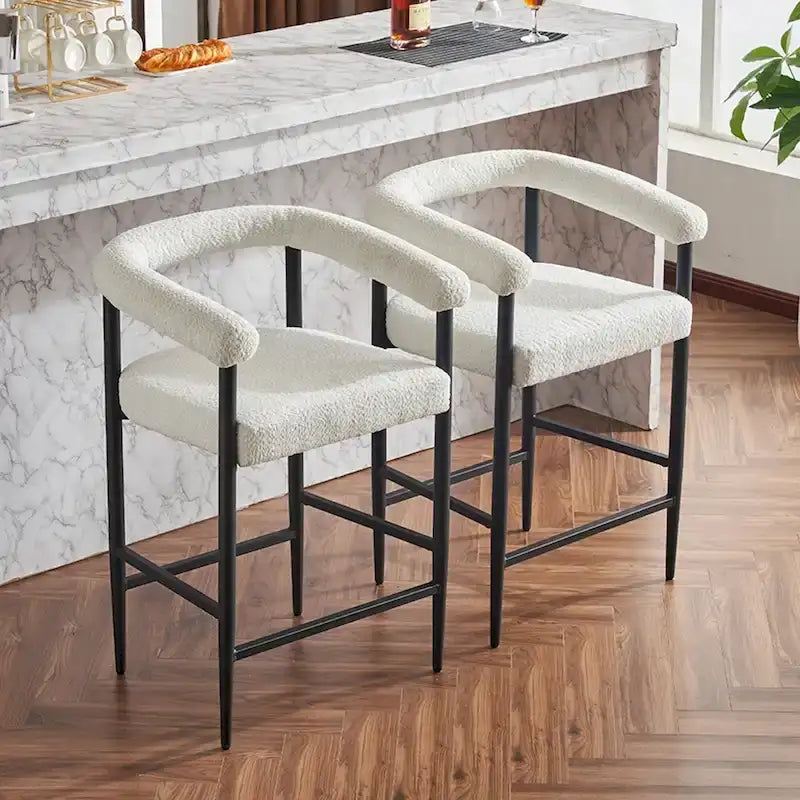 Modern Boucle Bar Stools Set of 2,Counter Height with Metal Frame & Armrests for Kitchen Island, Dining Room