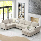 U-Shaped Chenille Sectional Sofa with Cup Holders on Armrests – Corner Couch Set
