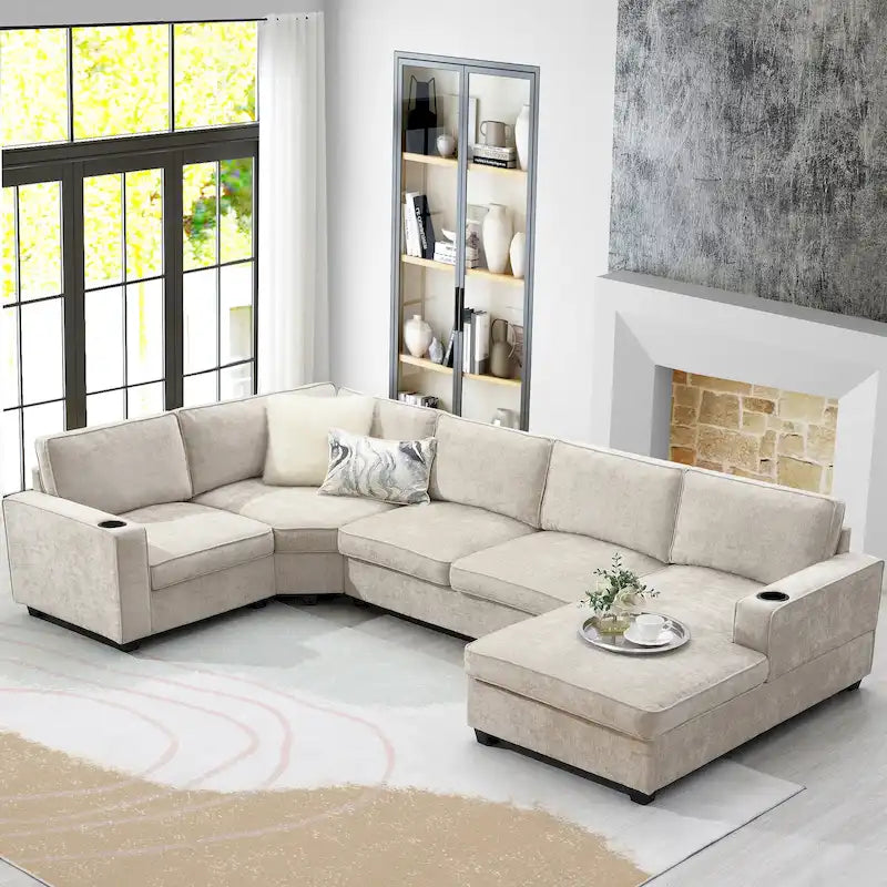 U-Shaped Chenille Sectional Sofa with Cup Holders on Armrests – Corner Couch Set