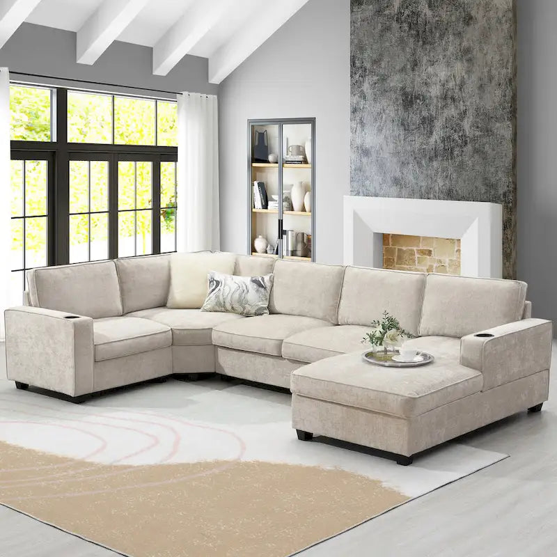 U-Shaped Chenille Sectional Sofa with Cup Holders on Armrests – Corner Couch Set