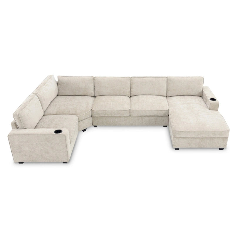 U-Shaped Chenille Sectional Sofa with Cup Holders on Armrests – Corner Couch Set