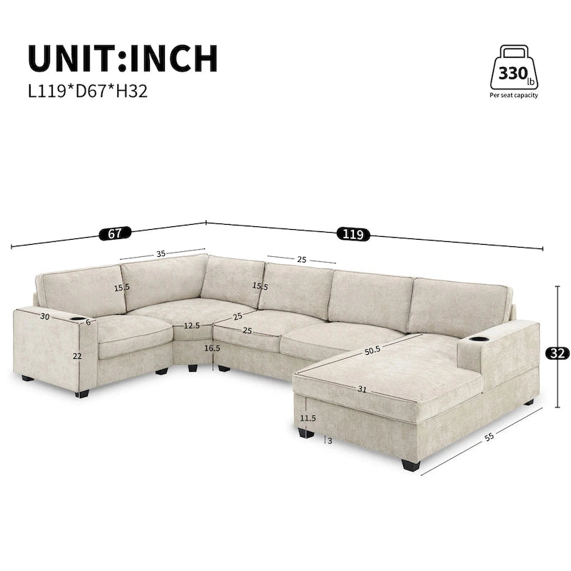 U-Shaped Chenille Sectional Sofa with Cup Holders on Armrests – Corner Couch Set