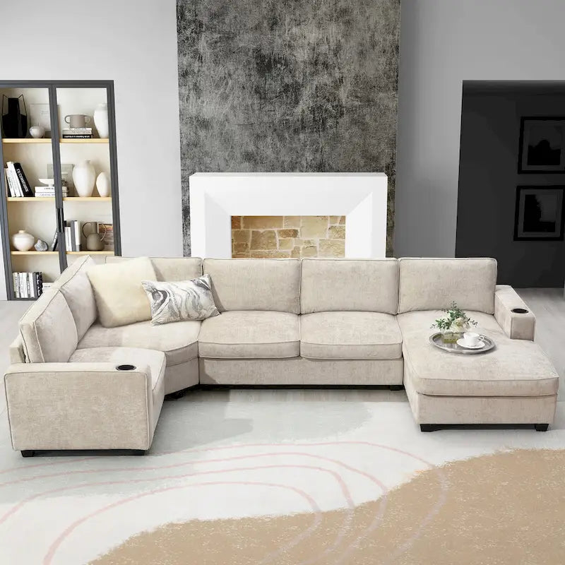 U-Shaped Chenille Sectional Sofa with Cup Holders on Armrests – Corner Couch Set