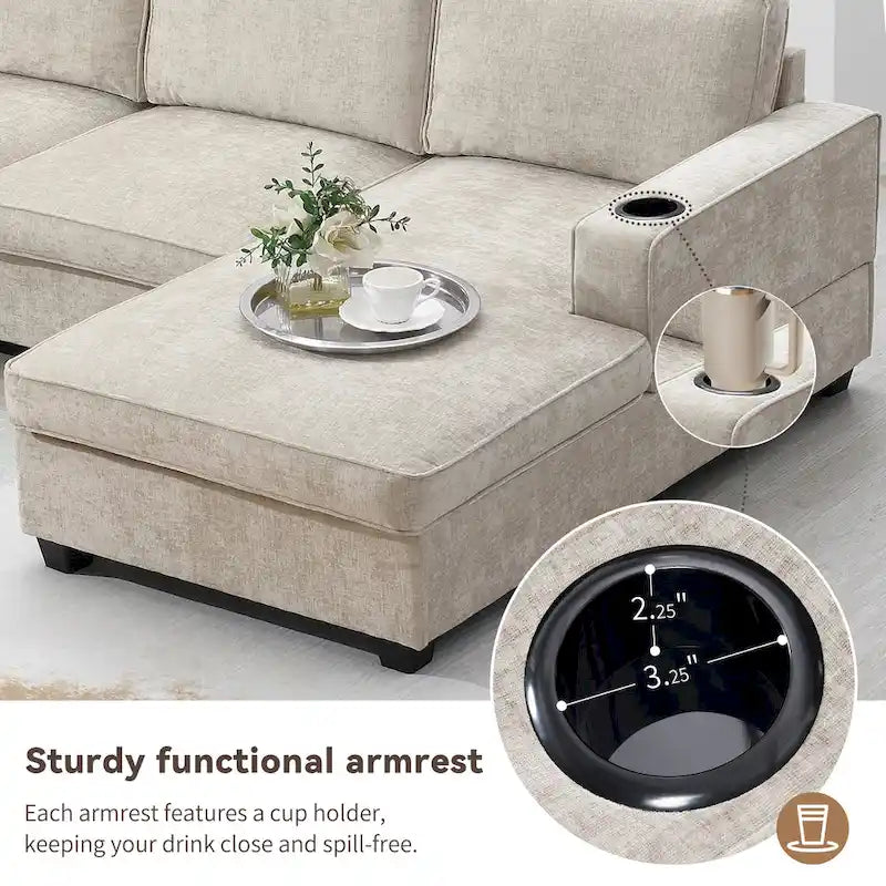 U-Shaped Chenille Sectional Sofa with Cup Holders on Armrests – Corner Couch Set