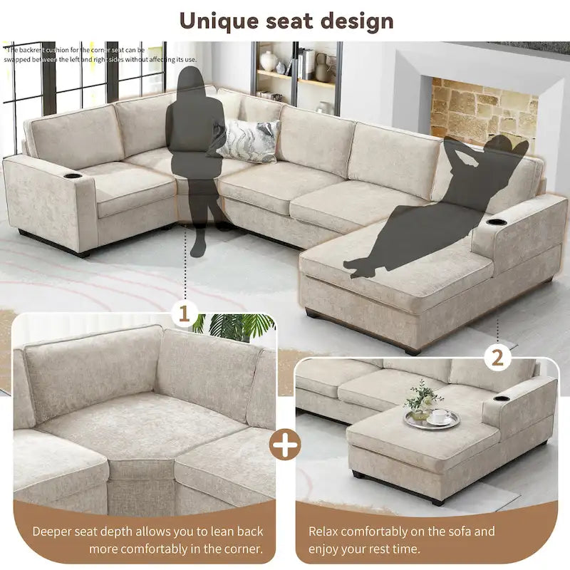 U-Shaped Chenille Sectional Sofa with Cup Holders on Armrests – Corner Couch Set