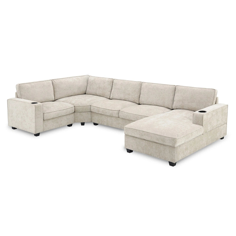 U-Shaped Chenille Sectional Sofa with Cup Holders on Armrests – Corner Couch Set