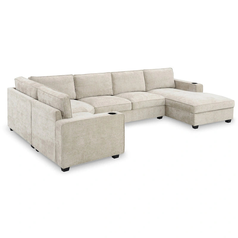 U-Shaped Chenille Sectional Sofa with Cup Holders on Armrests – Corner Couch Set