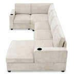 U-Shaped Chenille Sectional Sofa with Cup Holders on Armrests – Corner Couch Set