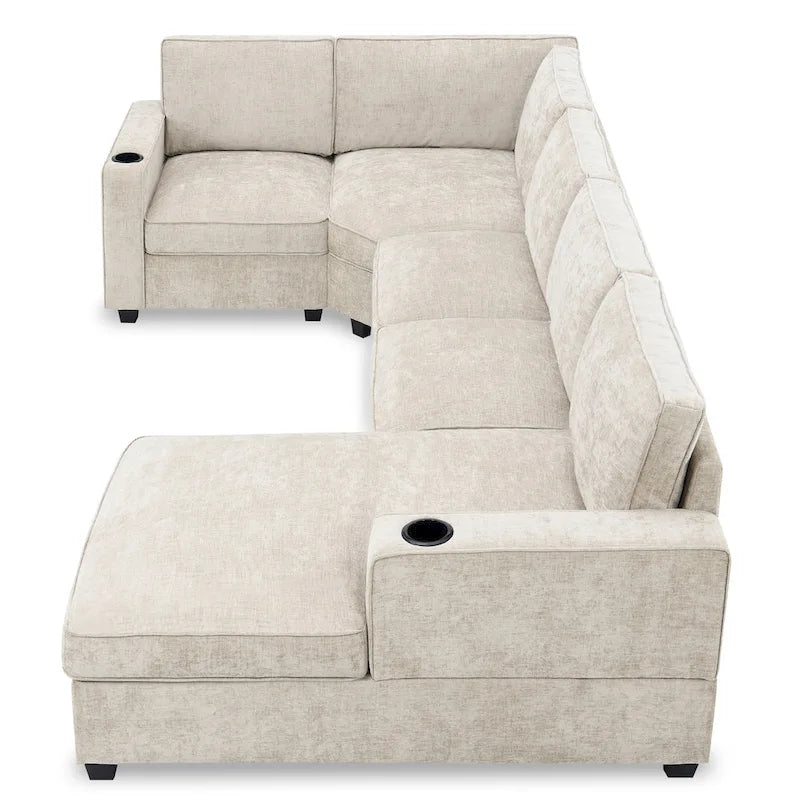 U-Shaped Chenille Sectional Sofa with Cup Holders on Armrests – Corner Couch Set