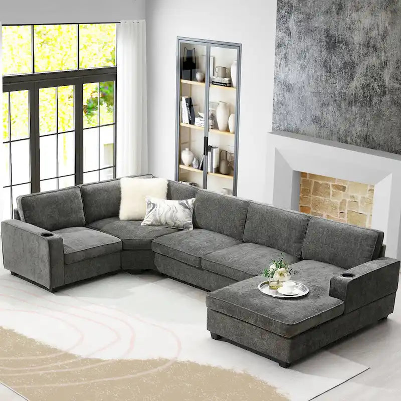 U-Shaped Chenille Sectional Sofa with Cup Holders on Armrests – Corner Couch Set