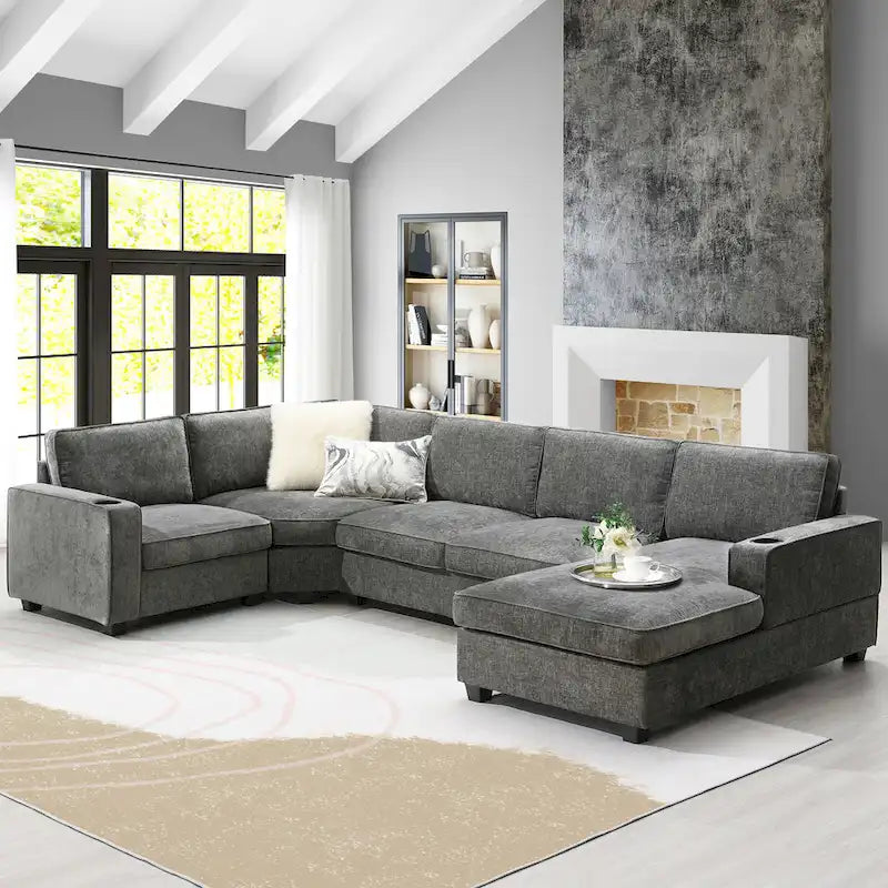 U-Shaped Chenille Sectional Sofa with Cup Holders on Armrests – Corner Couch Set