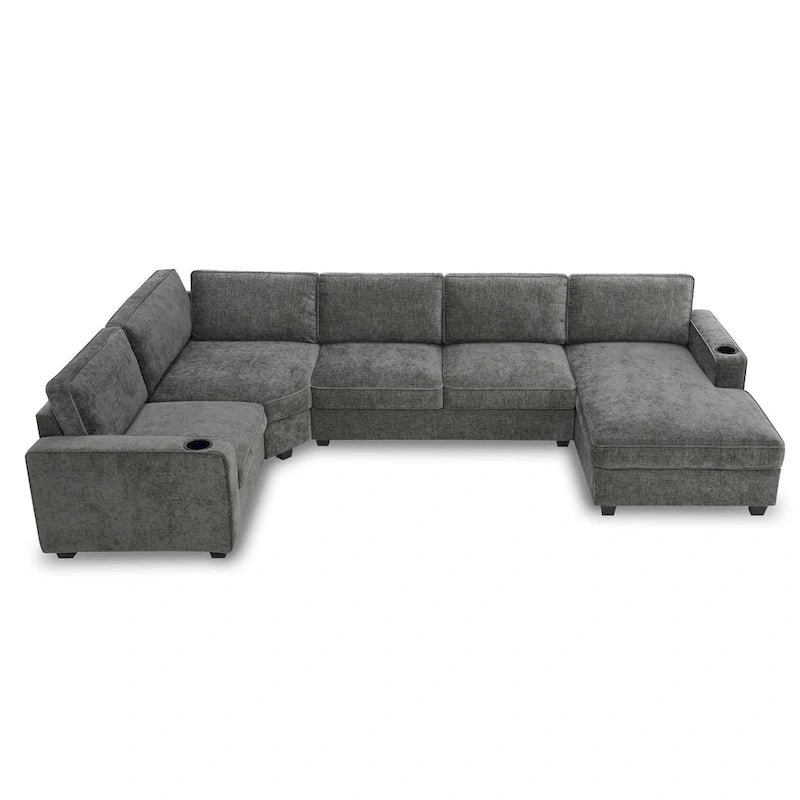 U-Shaped Chenille Sectional Sofa with Cup Holders on Armrests – Corner Couch Set