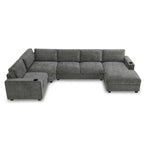 U-Shaped Chenille Sectional Sofa with Cup Holders on Armrests – Corner Couch Set