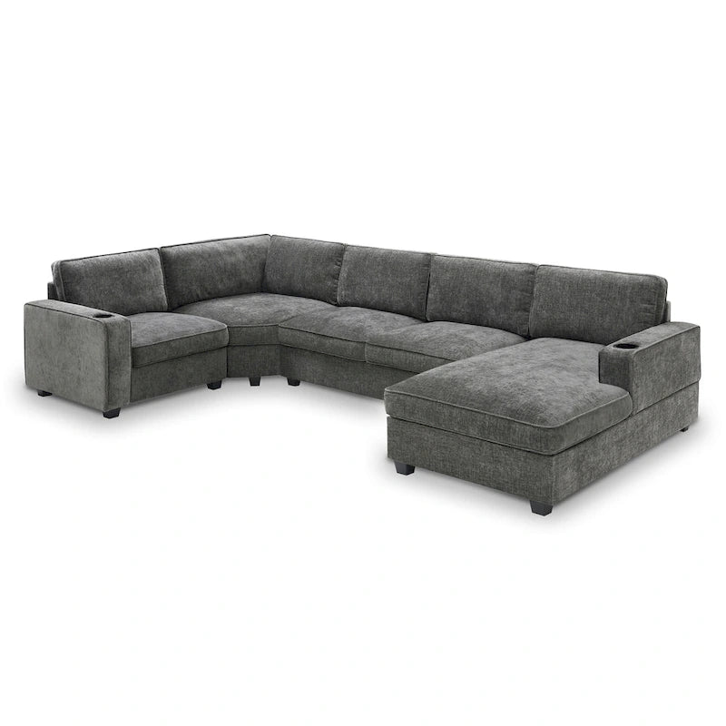 U-Shaped Chenille Sectional Sofa with Cup Holders on Armrests – Corner Couch Set