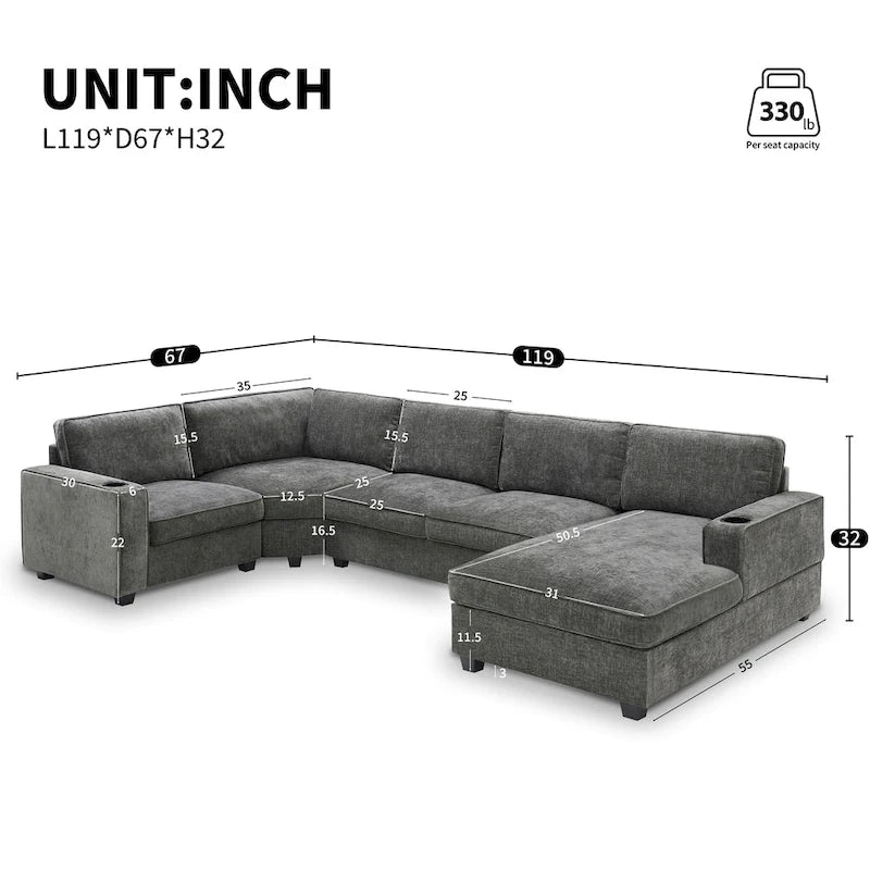 U-Shaped Chenille Sectional Sofa with Cup Holders on Armrests – Corner Couch Set