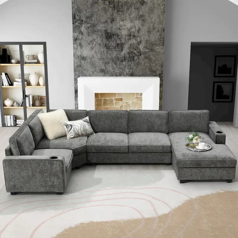 U-Shaped Chenille Sectional Sofa with Cup Holders on Armrests – Corner Couch Set