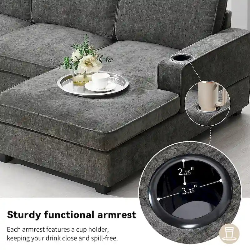 U-Shaped Chenille Sectional Sofa with Cup Holders on Armrests – Corner Couch Set