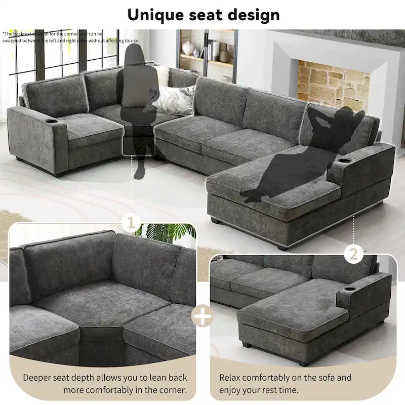 U-Shaped Chenille Sectional Sofa with Cup Holders on Armrests – Corner Couch Set