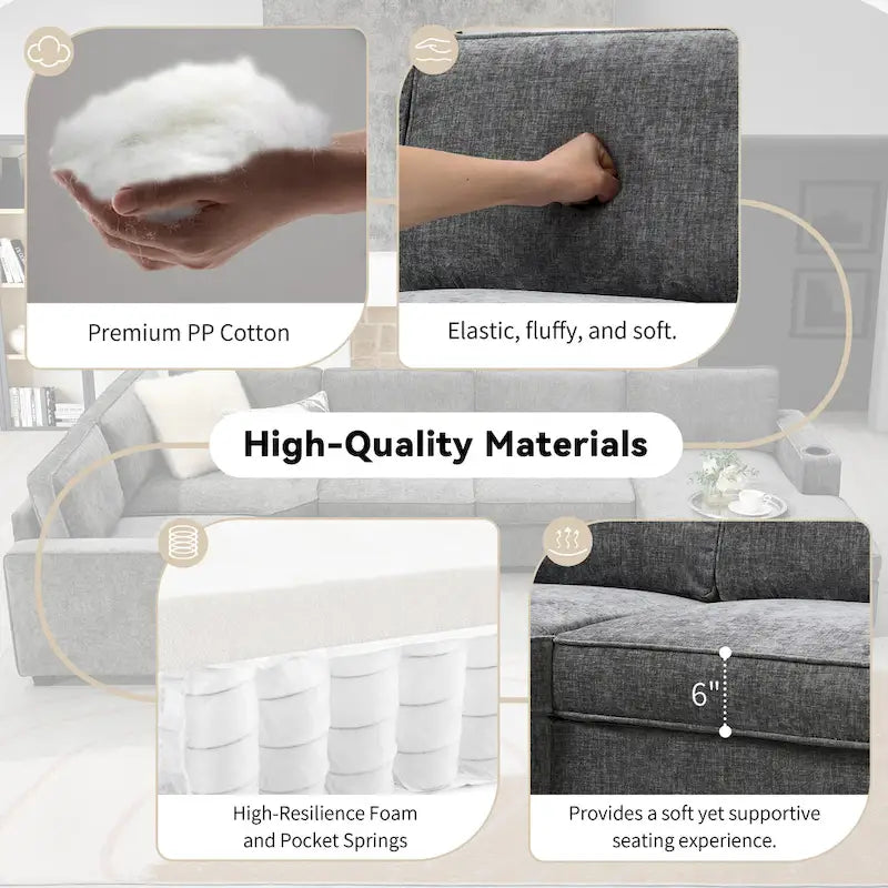 U-Shaped Chenille Sectional Sofa with Cup Holders on Armrests – Corner Couch Set