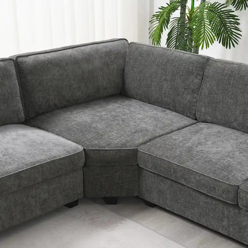U-Shaped Chenille Sectional Sofa with Cup Holders on Armrests – Corner Couch Set