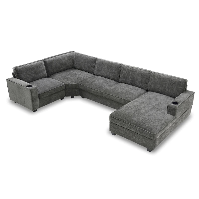 U-Shaped Chenille Sectional Sofa with Cup Holders on Armrests – Corner Couch Set