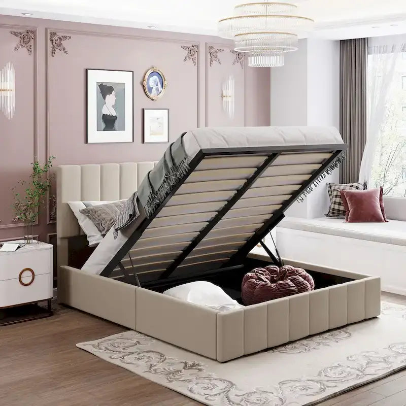 Queen Size L-Shaped Linen Platform Bed with Hydraulic Lift & Hidden Storage