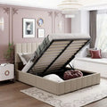 Queen Size L-Shaped Linen Platform Bed with Hydraulic Lift & Hidden Storage