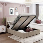 Queen Size L-Shaped Linen Platform Bed with Hydraulic Lift & Hidden Storage