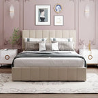 Queen Size L-Shaped Linen Platform Bed with Hydraulic Lift & Hidden Storage