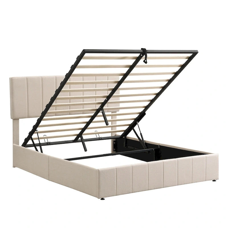 Queen Size L-Shaped Linen Platform Bed with Hydraulic Lift & Hidden Storage