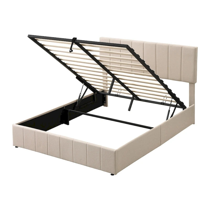 Queen Size L-Shaped Linen Platform Bed with Hydraulic Lift & Hidden Storage