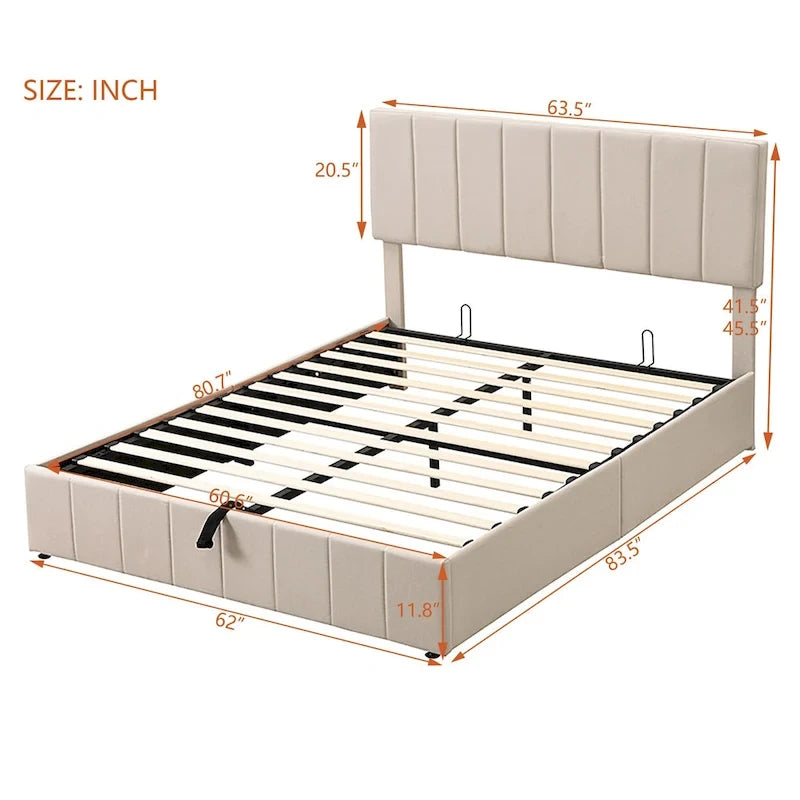 Queen Size L-Shaped Linen Platform Bed with Hydraulic Lift & Hidden Storage