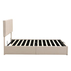 Queen Size L-Shaped Linen Platform Bed with Hydraulic Lift & Hidden Storage