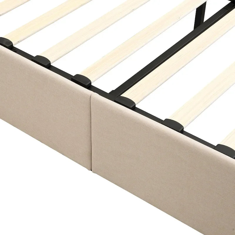 Queen Size L-Shaped Linen Platform Bed with Hydraulic Lift & Hidden Storage
