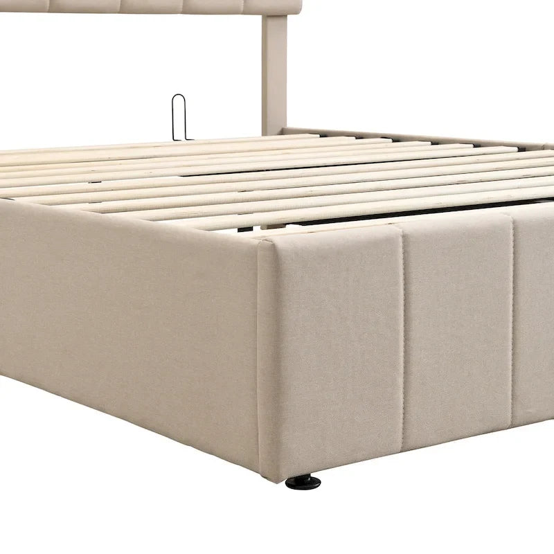 Queen Size L-Shaped Linen Platform Bed with Hydraulic Lift & Hidden Storage